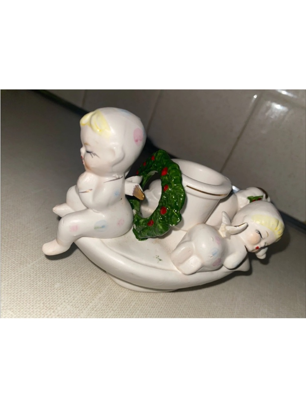 Vintage Napco Sleeping Angels Candle Holder White 1960's‎ Christmas Holiday